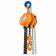 Atlas orange manual chain block with upper and lower hooks, black hand chain and silver load chain on a white background.