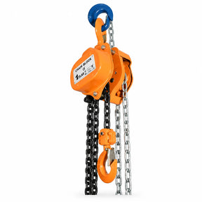 Atlas orange manual chain block with upper and lower hooks, black hand chain and silver load chain on a white background.