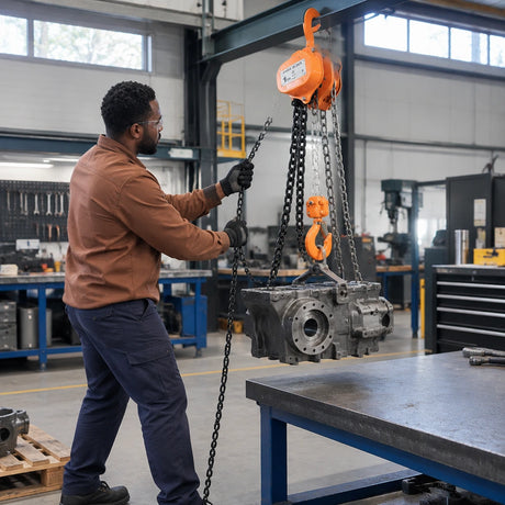 African American fabrication technician using an Atlas manual chain block to raise a steel component onto a workshop bench.
