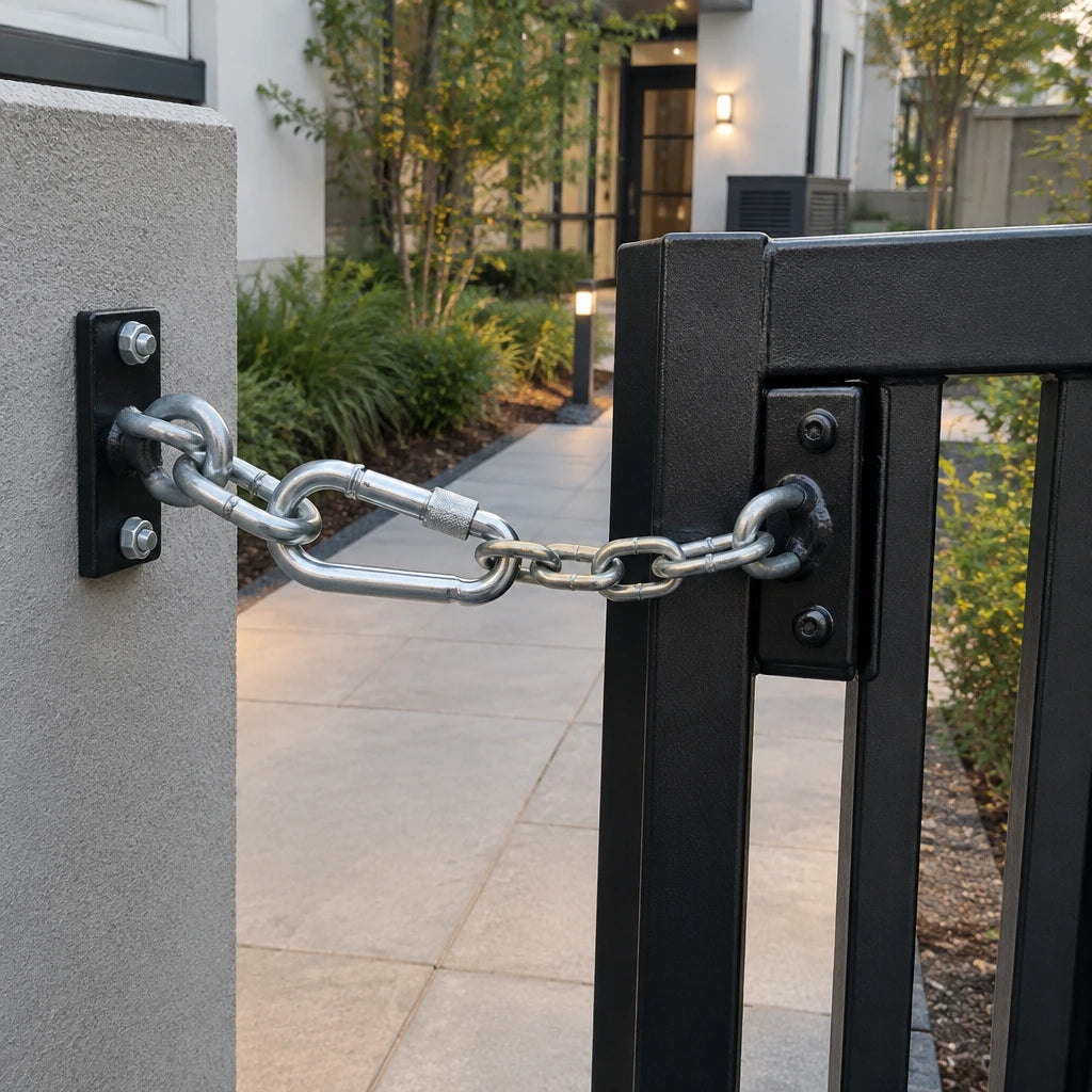 Completed service gate with Atlas galvanised screw-lock snap hook securing a chain restraint