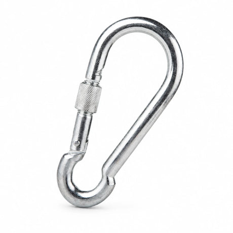 Atlas galvanised steel screw-lock snap hook with knurled locking sleeve on a white background