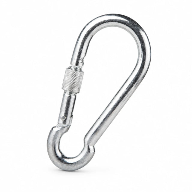 Atlas galvanised steel screw-lock snap hook with knurled locking sleeve on a white background