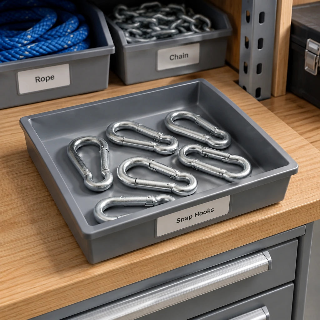 Atlas galvanised snap hook resting in an organised facilities hardware tray