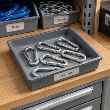 Atlas galvanised snap hook resting in an organised facilities hardware tray