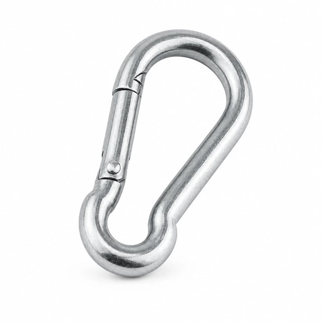 Atlas galvanised steel spring-gate snap hook isolated on a white background