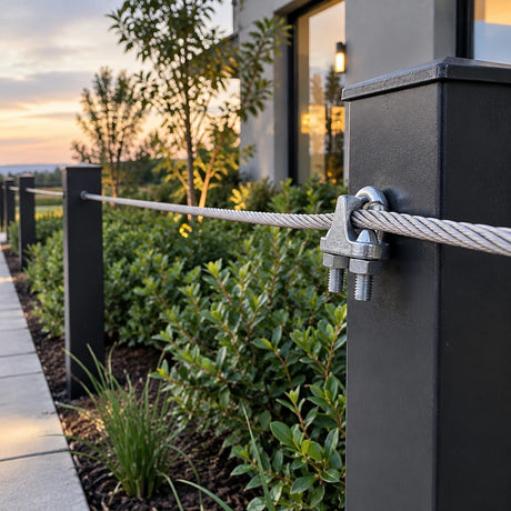 Completed wire-rope boundary with an Atlas galvanised clip visibly securing the finished fence-end connection.