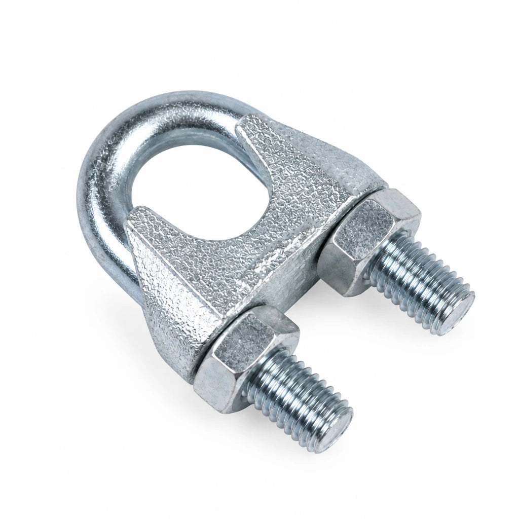 Atlas galvanised DIN 741 wire rope clip with U-bolt, saddle and two hex nuts on a white background.