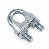 Atlas galvanised DIN 741 wire rope clip with U-bolt, saddle and two hex nuts on a white background.
