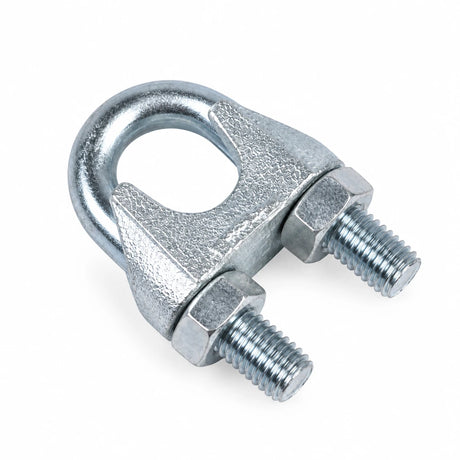 Atlas galvanised DIN 741 wire rope clip with U-bolt, saddle and two hex nuts on a white background.