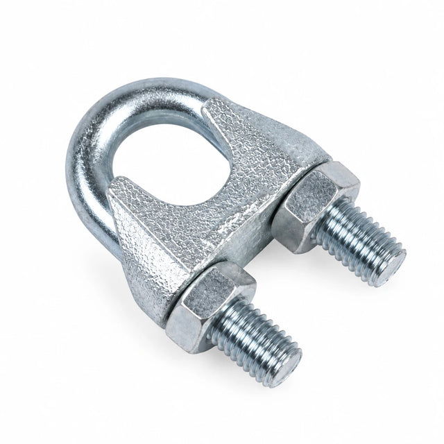 Atlas galvanised DIN 741 wire rope clip with U-bolt, saddle and two hex nuts on a white background.