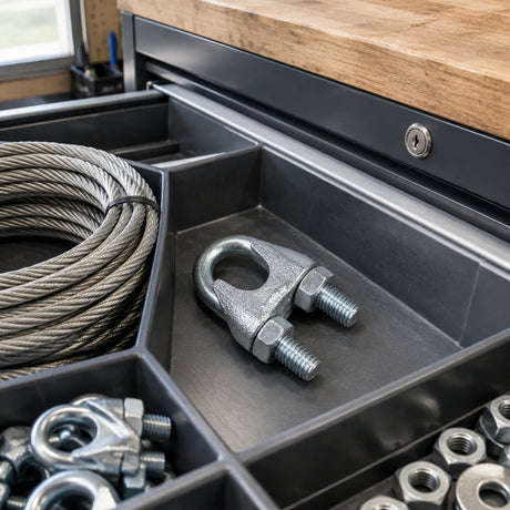 Atlas galvanised wire rope clip resting in an organised fencing-maintenance hardware drawer beside compatible wire rope.