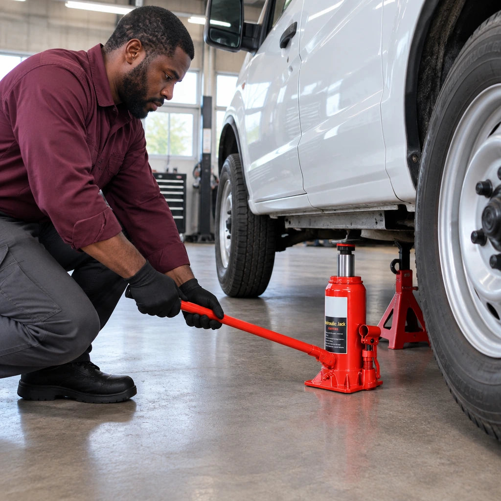 African American automotive technician pumps an Atlas hydraulic bottle jack beneath a vehicle in a clean service bay.