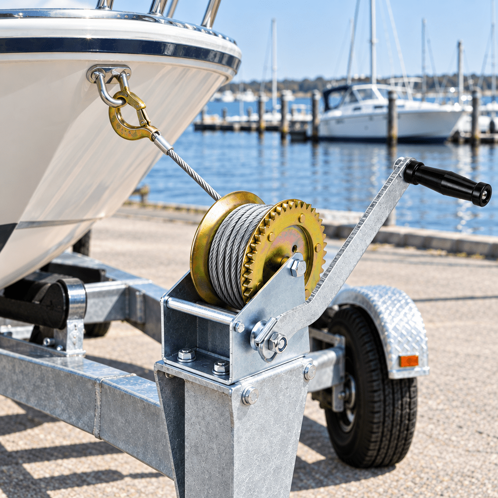 Manual cable winch mounted on a boat trailer