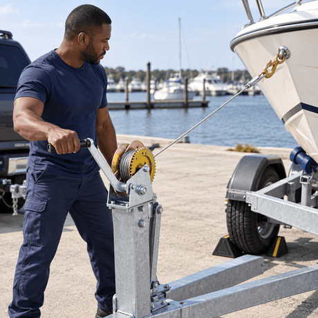 Black technician operating a hand winch on a secured boat trailer