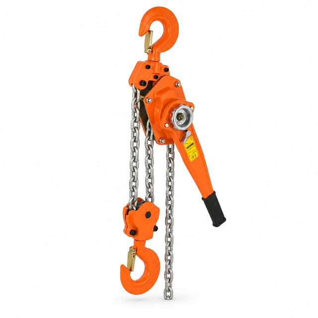 Atlas orange manual lever block with hooks, ratchet housing, chain and black operating handle on a white background