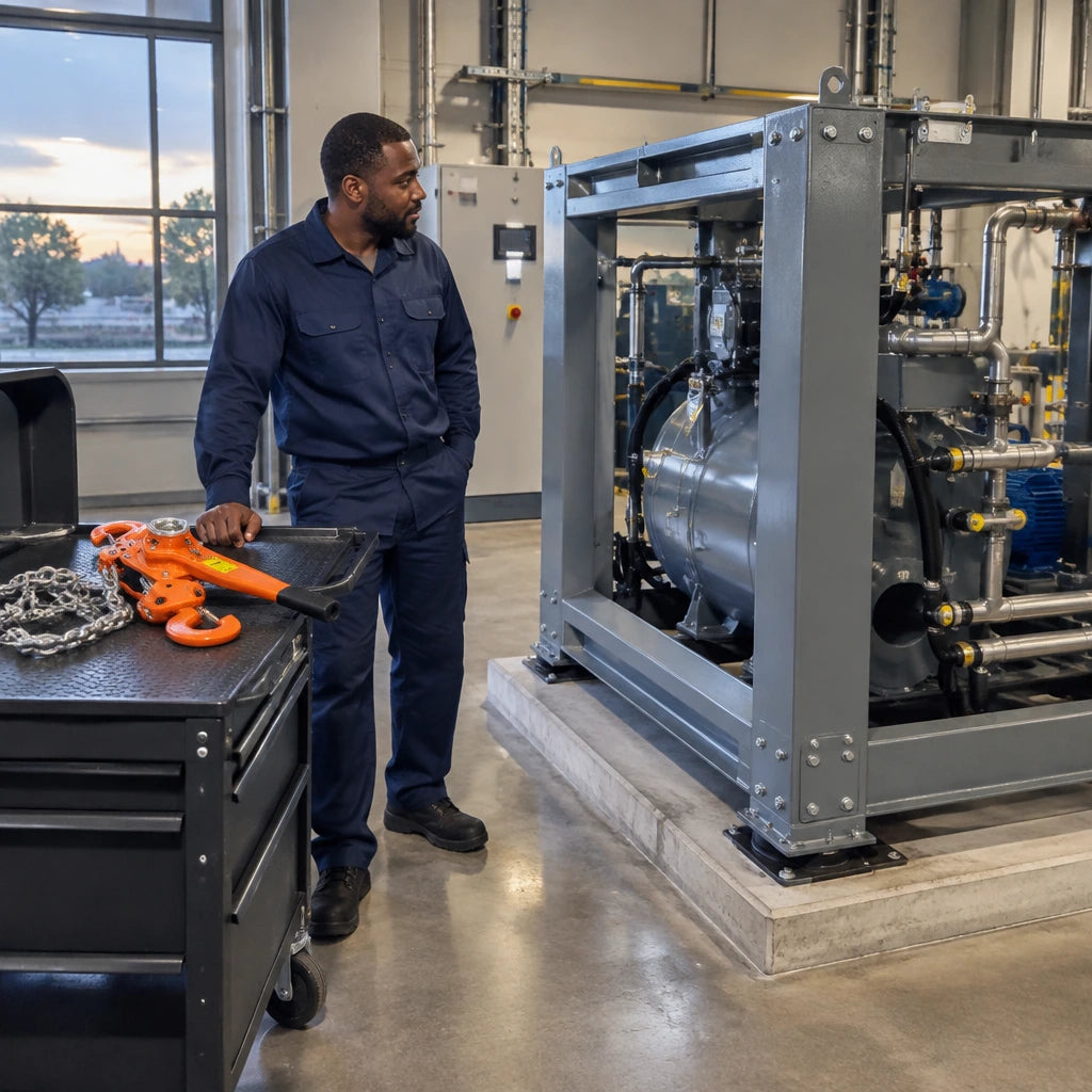 Aligned steel machinery in a finished plant room with an Atlas manual lever block resting on an equipment cart