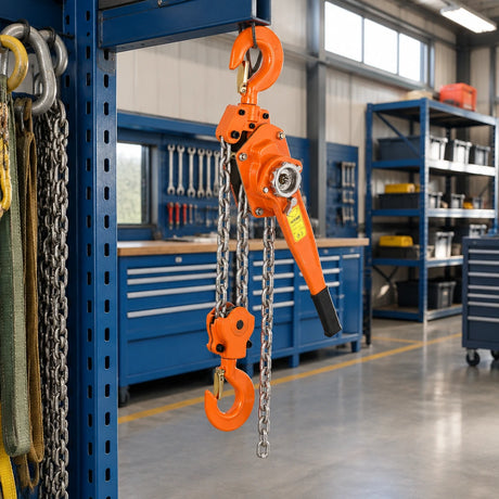 Atlas manual lever block hanging ready in an organised machinery-maintenance workshop