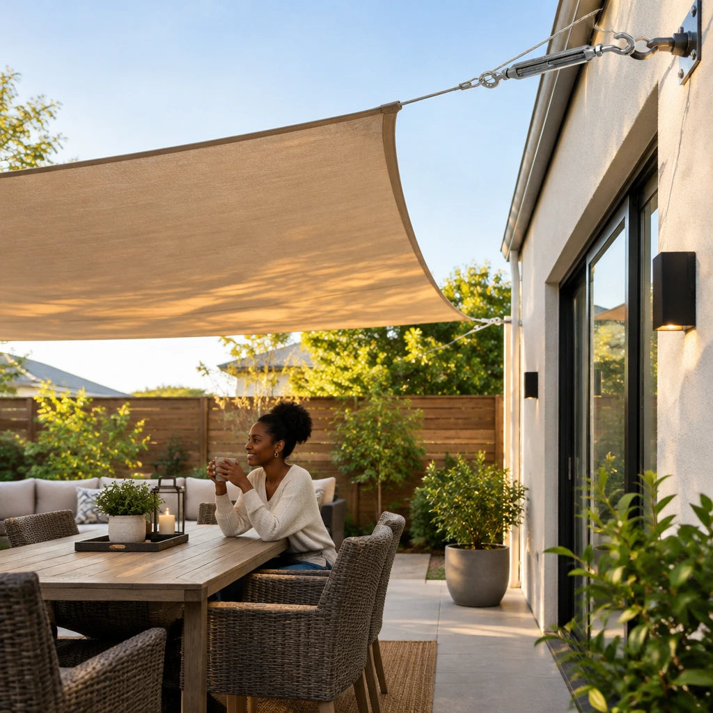 Completed courtyard shade structure with taut fabric and Atlas turnbuckle visible at the finished cable connection.