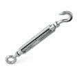 Atlas silver open-eye turnbuckle with exposed threaded body, circular eye and curved hook end on white background.