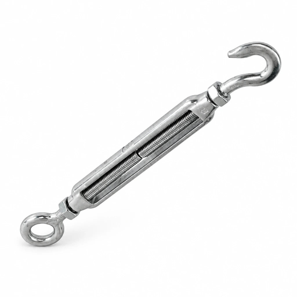 Atlas silver open-eye turnbuckle with exposed threaded body, circular eye and curved hook end on white background.