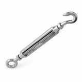 Atlas silver open-eye turnbuckle with exposed threaded body, circular eye and curved hook end on white background.