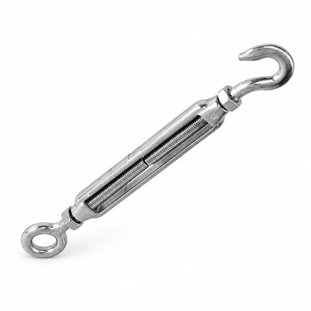 Atlas silver open-eye turnbuckle with exposed threaded body, circular eye and curved hook end on white background.
