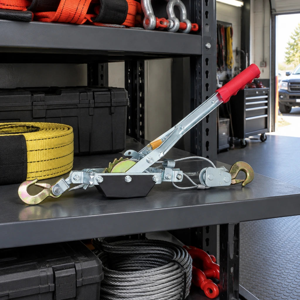 Atlas ratchet cable puller resting on an organised equipment shelf in a professional automotive service garage.