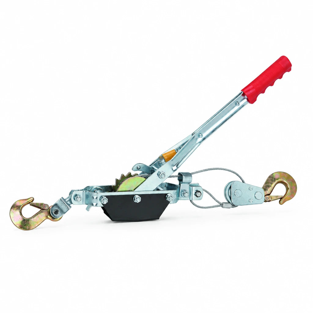 Atlas manual ratchet cable puller with red handle, steel cable and two heavy-duty hooks on a white background.
