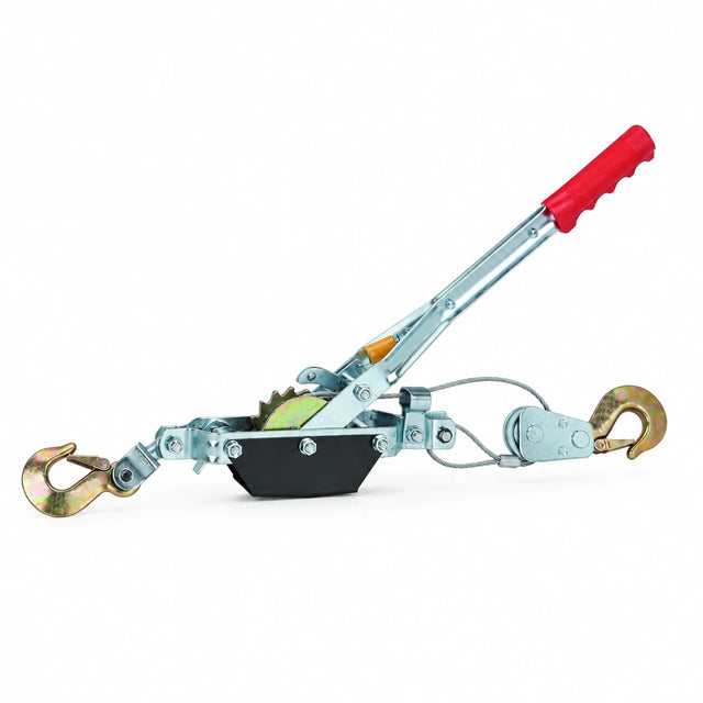 Atlas manual ratchet cable puller with red handle, steel cable and two heavy-duty hooks on a white background.