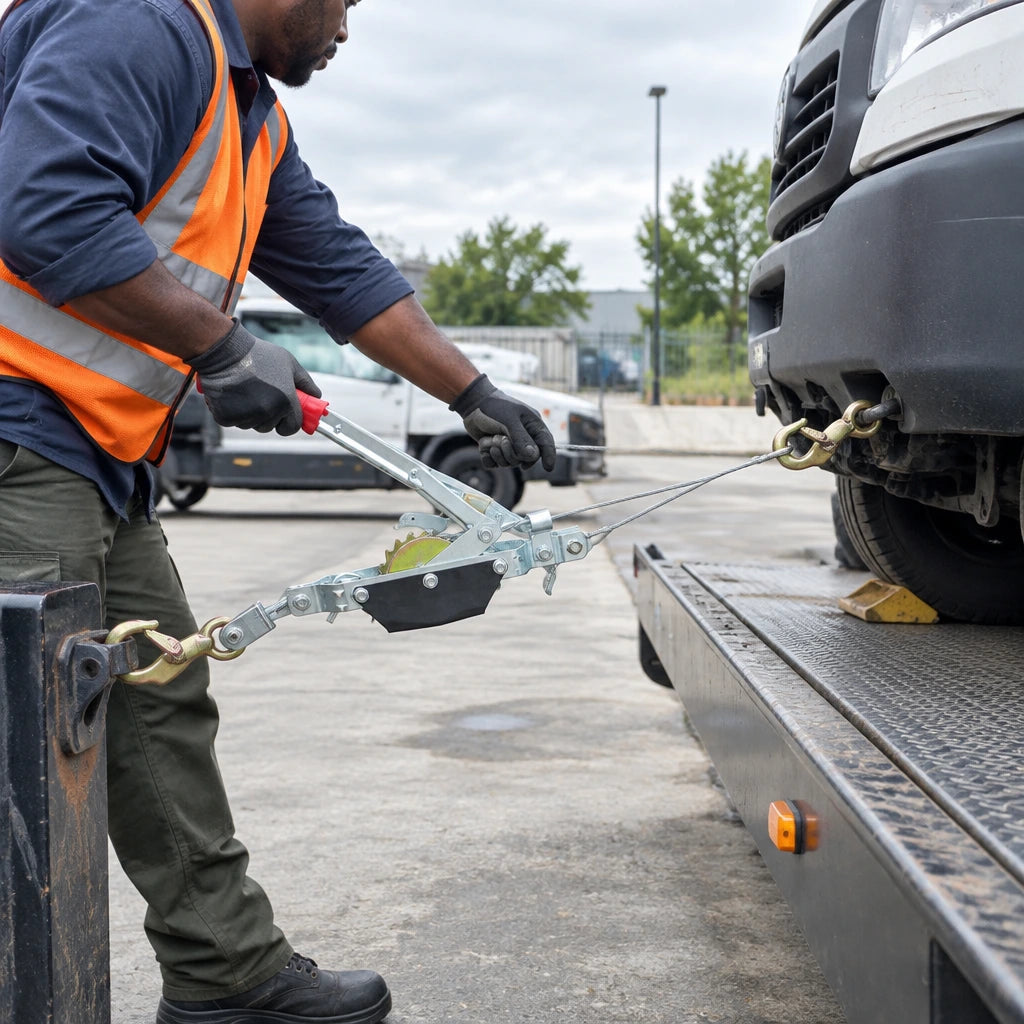 African American recovery technician operating an Atlas ratchet cable puller to move a utility vehicle onto a flatbed platform.
