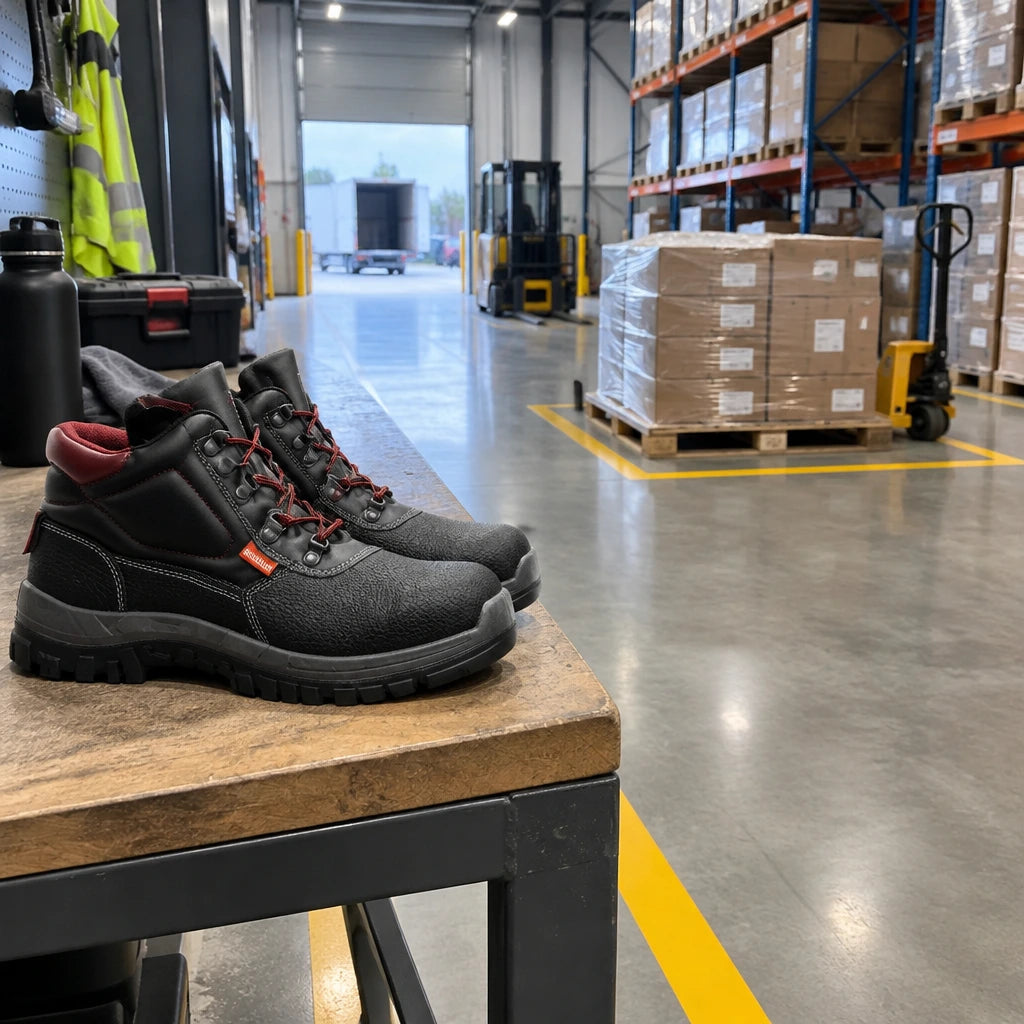 Bellota Classic S3 safety boots resting on a PPE bench beside an organised warehouse staging aisle