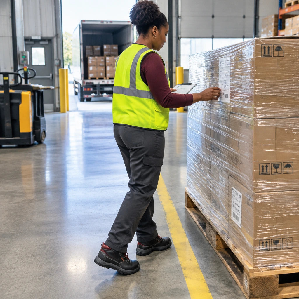 African American warehouse worker wearing Bellota Classic S3 safety boots beside a receiving pallet