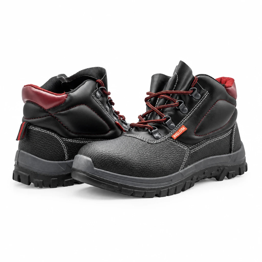 Bellota Classic S3 black high-cut safety boot pair with red laces and rugged protective soles