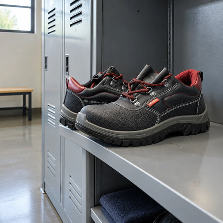 Bellota black and red low-cut safety shoes resting on a commercial PPE shelf