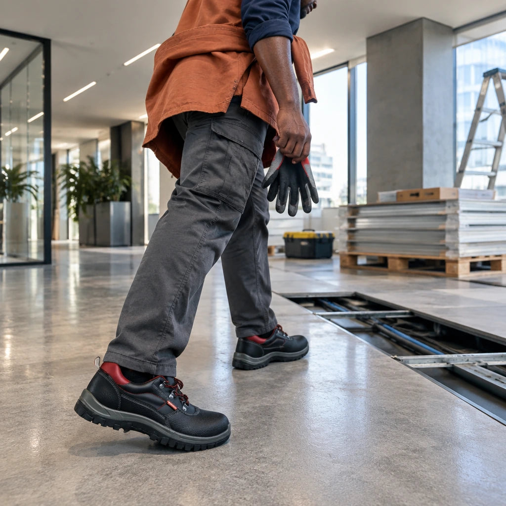 African American commercial fit-out worker wearing Bellota low-cut safety shoes while inspecting a renovation area