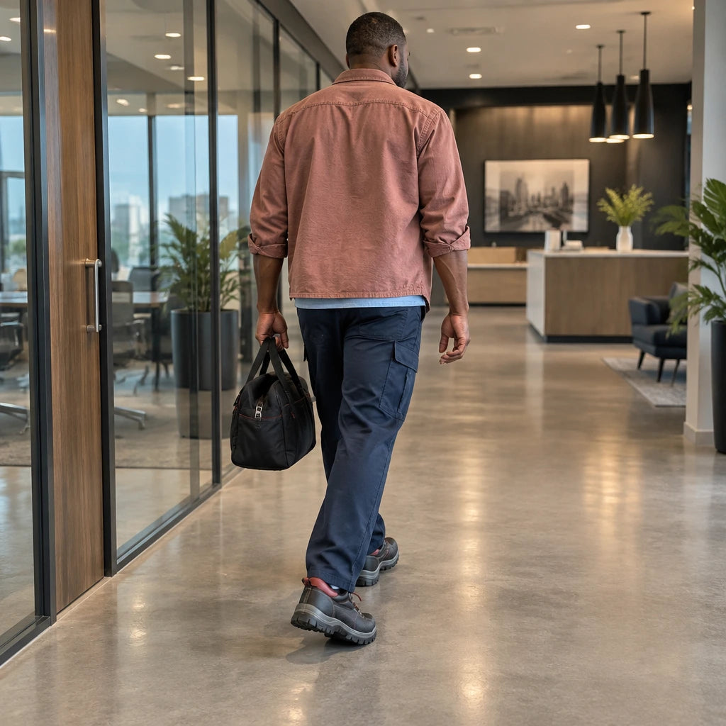 Worker wearing Bellota low-cut safety shoes walking through a completed commercial corridor