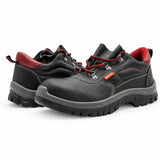 Bellota Classic S3 black low-cut safety shoe pair with red details on white background