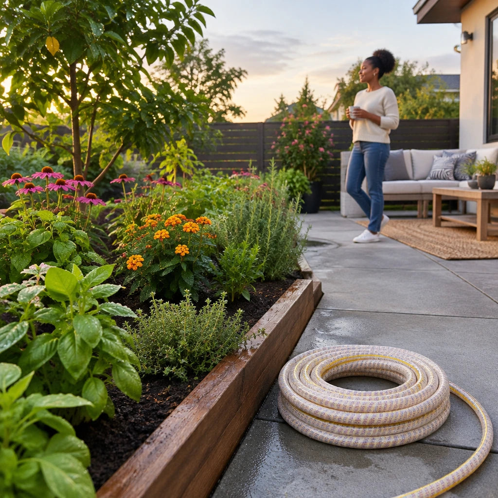 Freshly watered backyard garden with healthy planting beds and Berry multicolour hose resting nearby