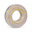 Coiled Berry 25m reinforced multicolour PVC garden hose with yellow stripe on a white background
