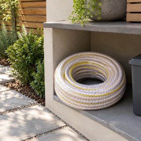 Berry reinforced multicolour garden hose stored as a neat coil beside a contemporary residential garden path