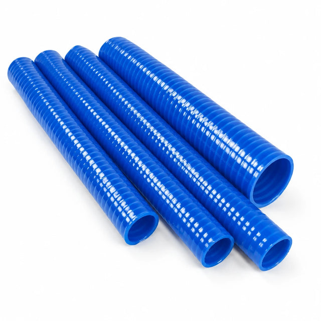 Berry 2-inch by 30m blue PVC suction inlet hose with ribbed construction and open end on a white background