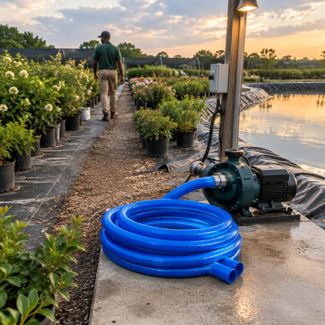 Blue PVC suction hose resting beside a pump after watering orderly commercial nursery plant rows