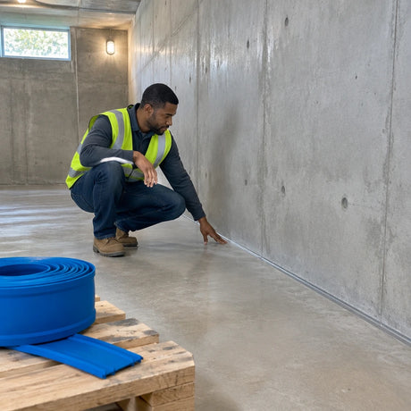 Finished concrete basement joint with a remaining blue PVC waterstop roll nearby