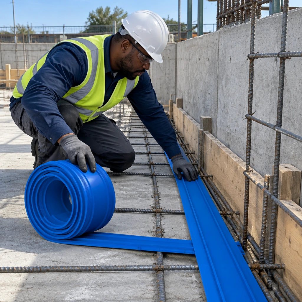 Installer aligns a blue flat PVC waterstop across a concrete construction joint before pouring