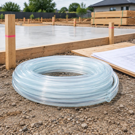 Transparent Berry PVC level hose stored beside an organised residential foundation layout