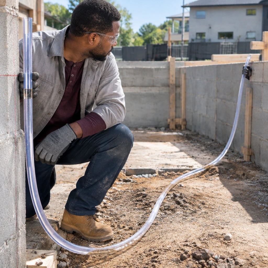 African American construction finisher using a transparent Berry PVC hose to transfer a water level across a foundation layout
