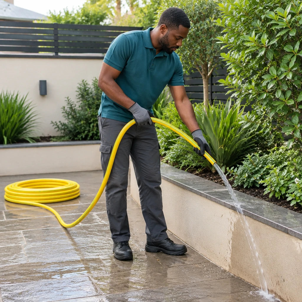 African American adult guiding a Berry yellow braided PVC hose while washing soil from a paved courtyard edge.