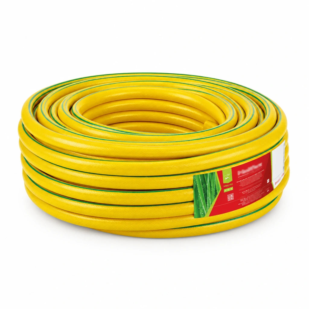 Berry 50m yellow braided PVC garden hose coiled on a white background with green markings and product label.