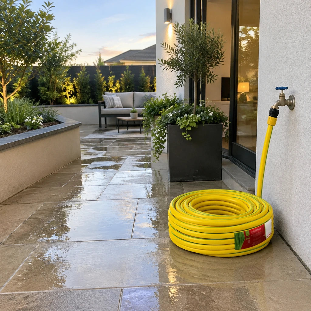 Clean contemporary courtyard with the Berry yellow braided garden hose coiled beside the outdoor water point.