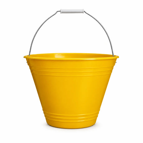 Greenline Berry 8L yellow PVC utility bucket with metal handle on a white background.